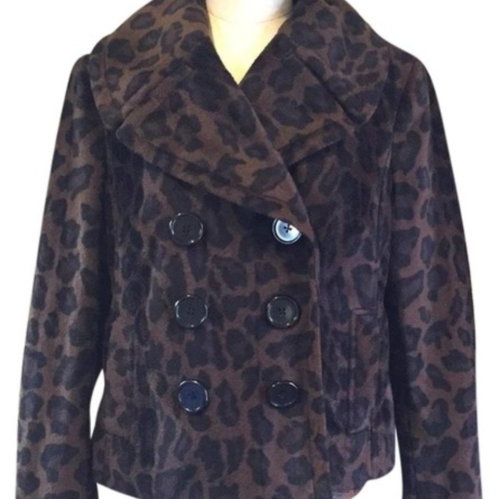 INC Double Breasted Short Plush Leopard Print Jacket L